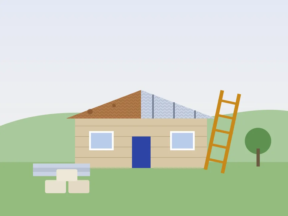 Ilustración de una casa con la mitad del techo de zinc nuevo y la otra mitad oxidada, con escalera y materiales